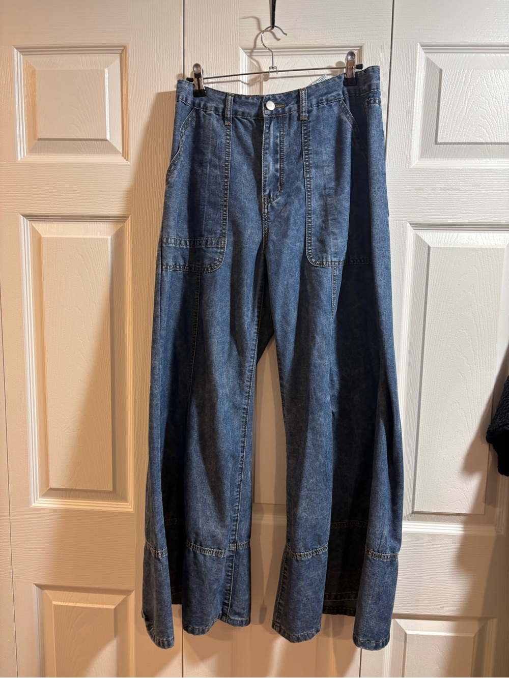 Boho Wide Leg Ruffle Hem Denim Jeans | High Rise Patch Pocket Pants  Western - Picture 2 of 4